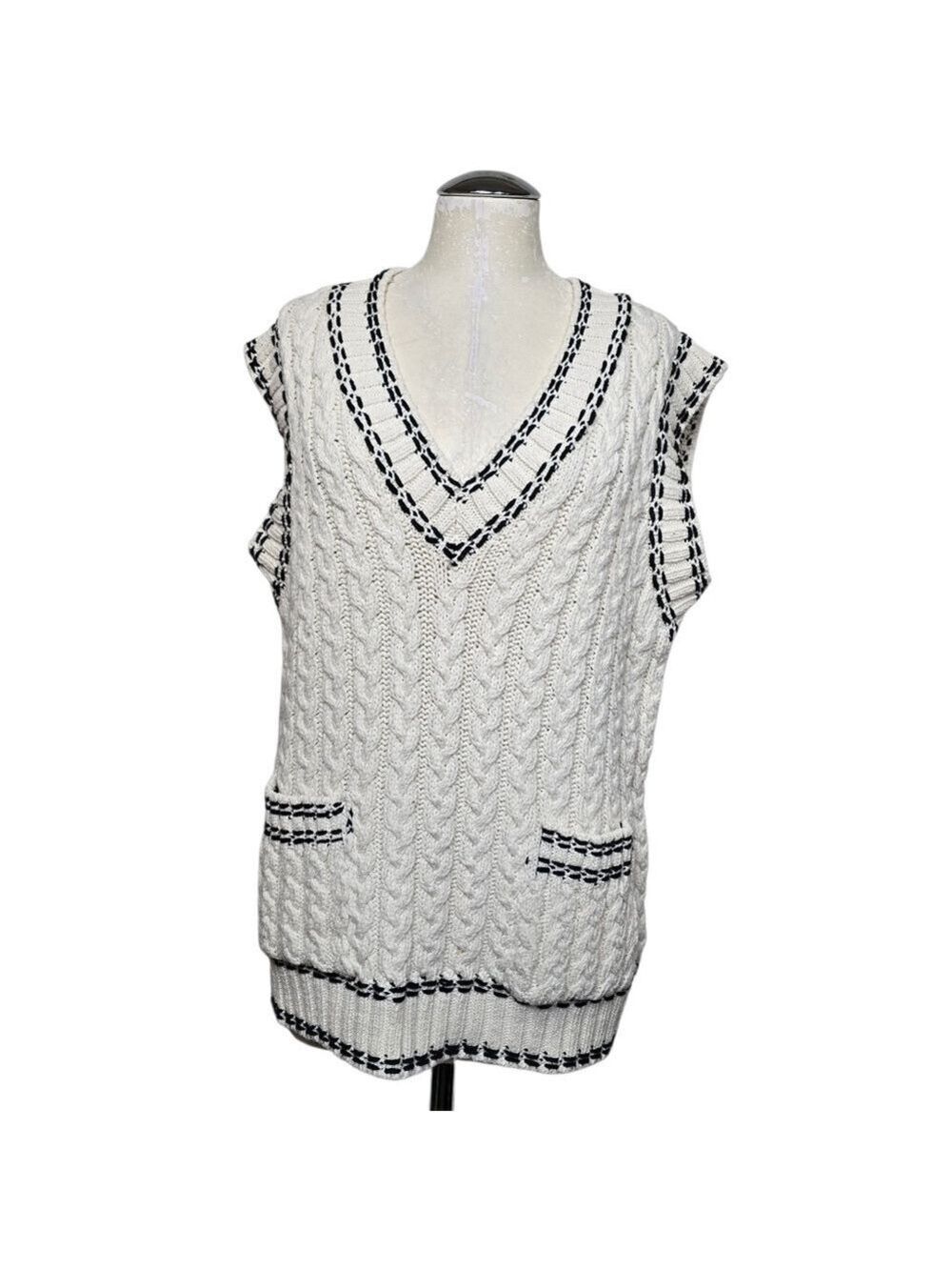 Zara Whip Stitch Knit V Neck Vest White Black Oversized S